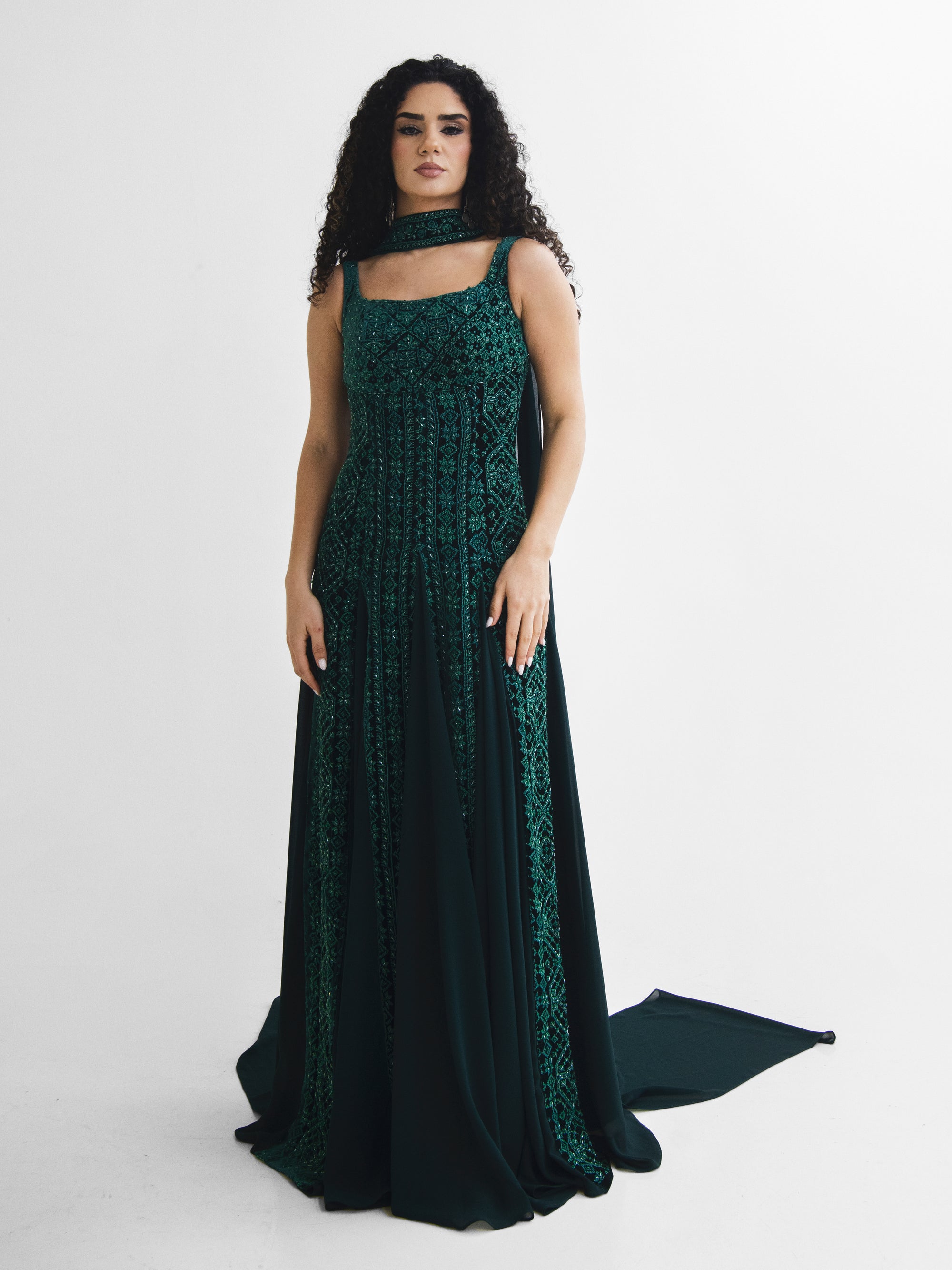 Velvet Fustan Banayek in Emerald Green